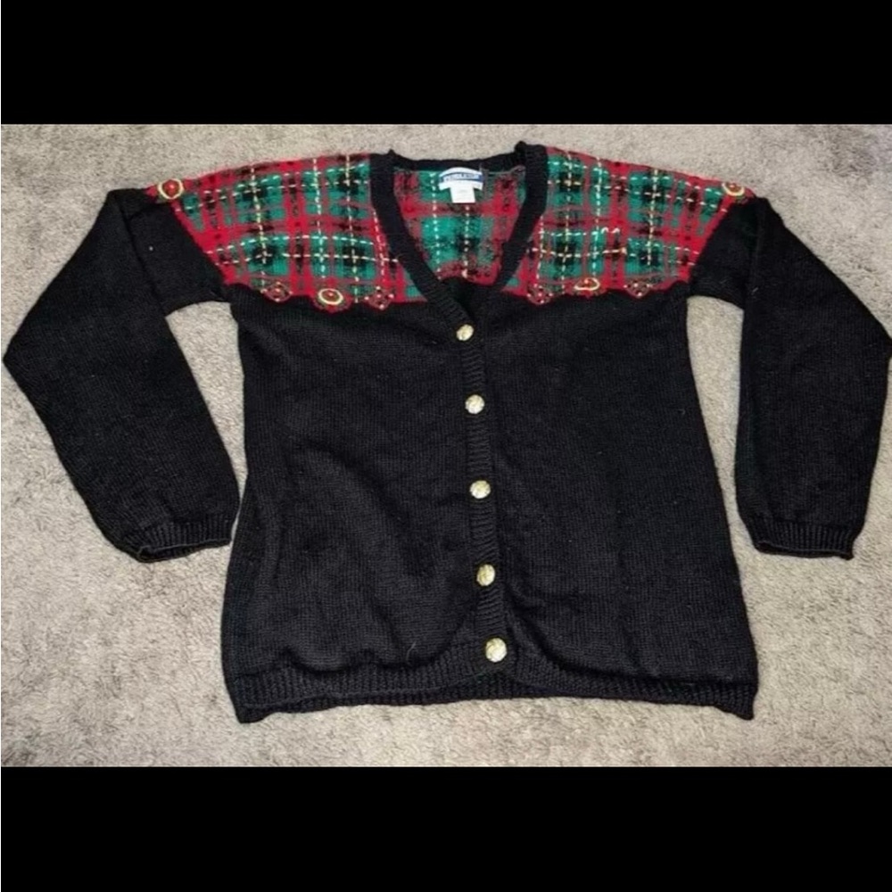 Pendleton Black Cardigan with Red and Green Plaid Accents